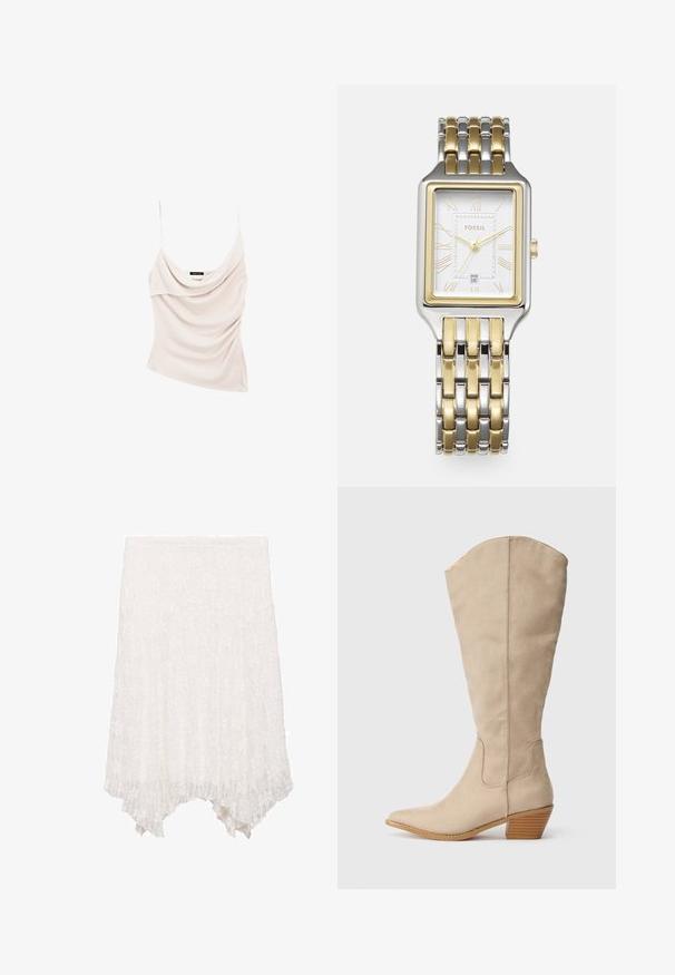 Light beige cowl-neck tank top with thin straps, featuring draped fabric for a textured appearance and a fitted silhouette.; Lace skirt in white with a layered design, featuring a floral pattern and an asymmetrical hem that is shorter in the front and longer in the back.; Beige suede knee-high boot with a pointed toe, stacked heel, and visible seam details. Smooth texture with simple design.; Square Fossil watch with a silver and gold-tone metal band. White dial with gold Roman numerals and date display at 6 o'clock. Polished finish.; Gold-tone metal bangle featuring interconnected, flexible sections with a smooth, ridged texture. Circular design with reflective finish.