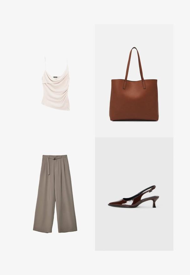 Lys beige tanktop med cowl-neck og tynde stropper, der har draperet stof for et tekstureret udseende og en tætsiddende silhuet.; Vide ben bukser i et blødt, afdæmpet grå stof, med en bælte i taljen og plisseringer for ekstra designdetalje. Glat tekstur, ingen mønstre.; Brun patenteret læder slingback sko med spids tå og en moderat hæl. Har en spænde rem for en sikker pasform. Glat tekstur.; Brun læder tote taske med en glat overflade, åben topdesign og to skulderremme. Har minimal syning og ingen synlig hardware.