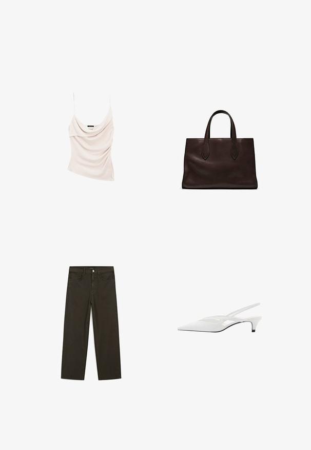 Top in maglia beige chiaro con collo a cowl e spalline sottili, caratterizzato da un tessuto drappeggiato per un aspetto testurizzato e una siluetta aderente.; Jeans a gamba larga di colore verde scuro, realizzati in tessuto misto cotone, dotati di chiusura con bottone frontale, cinque tasche e cuciture classiche in denim.; Décolleté bianco con punta affilata, caratterizzato da una tomaia liscia, sottili aperture e un tacco a blocco basso. La suola nera esalta il design.; Borsa a spalla in pelle marrone con due manici lunghi, forma rettangolare strutturata, texture liscia e dettagli di cucitura sottili.