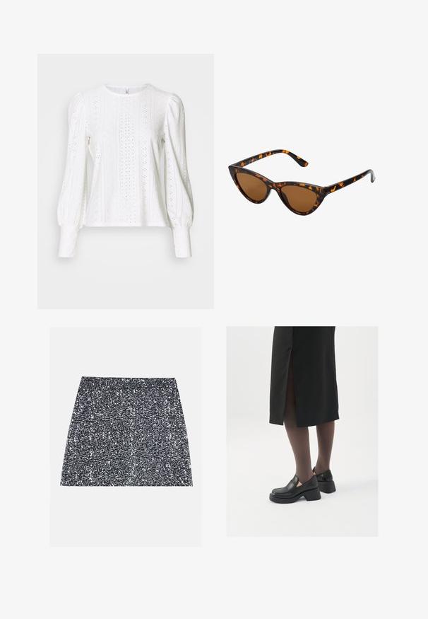 Pitkähihaisia valkoisia paita, joka on valmistettu verhoilumaisesta kankaasta, jossa on leikattuja kuvioita, pyöreä kaula-aukko ja tilavat hihat, jotka kapenevat hihansuussa.; Hopeapintaiset strassihameet, joissa on teksturoitu kuvio ja suora leikkaus. Kangas näyttää kiiltävältä ja heijastavalta.; Mustat nahkakengät pyöreällä kärjellä, paksulla lohkopohjalla ja joustavilla sivuakkesseilla, yhdistettynä tummiin sukkahousuihin ja mustaan hameeseen, jossa on halkio.; Kattöga solglasögon med en svart och orange sköldpaddsmönstrad båge, bruna linser och slanka, spetsiga spetsar. Har en minimal logotyp på skalmen.; Hopehope hopeilla, joissa on minimalistinen muotoilu. Pyöreä muoto, sileä pinta ja ohut profiili. Kevyet ja kiillotetut.