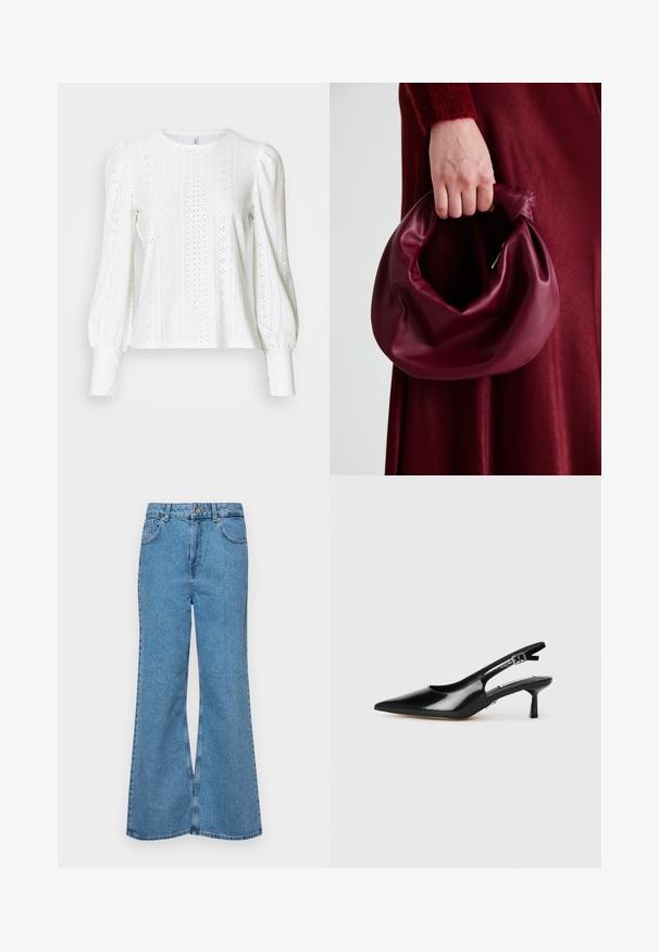 Bluză albă cu mâneci lungi, fabricată dintr-un material asemănător dantelei, cu modele decupate, decolteu rotund și mâneci voluminoase care se îngustează la manșetă.; Jeanși evazați de culoare albastru deschis, din denim, cu talie înaltă, cinci buzunare și închidere cu un singur buton. Textură moale cu un finisaj decolorat.; Cizme slingback din piele vernil cu toc ascuțit, toc subțire și curea cu cataramă ajustabilă. Textură netedă cu detalii minime.; Geantă de mână din piele burgundă, cu un design moale și pliat și o formă rotundă. Mânerele sunt securizate, evidențiind o textură netedă.