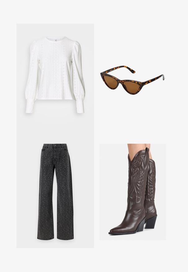 Pika pikkade varrukatega valge ülasärk, mis on valmistatud pitsilaadsest kangast lõikega mustritega, ümara kaelusega ja volüümikate varrukatega, mis kitsenevad mansetis.; Noisy May NMJANNEL LOOSE - Avar lõikega teksad - black denim; Pruunid nahast cowboy saapad terava varbaga ja plokk-kandaga, millel on detailne tikand ja kergelt tõstetud aktsendid varrel.; Kassi vormiga prillid musta ja oranži kilpkonnakujulise raami, pruunide läätsede ja elegantsete teravate otstega. Templi juures on minimaalne logo.; Hõbedased rõngastikkaehingad minimalistlikus disainis. Ümar kuju, sile tekstuur ja õhuke profiil. Kerged ning poleeritud viimistlusega.