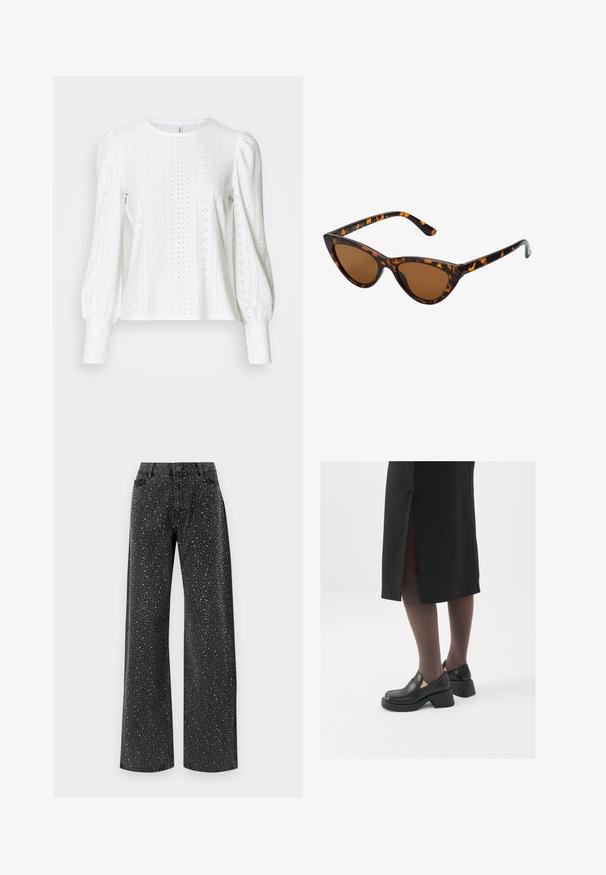 Top de manga larga blanco hecho de una tela con aspecto de encaje, con patrones recortados, escote redondeado y mangas voluminosas que se ciñen en el puño.; Noisy May NMJANNEL LOOSE - Vaqueros boyfriend - black denim; Zapatos de piel negra con punta redondeada, tacón grueso y bloque, y acentos elásticos en los laterales, combinados con unos pantys oscuros y una falda negra con una abertura.; Gafas de sol estilo ojo de gato con montura de carey negra y naranja, lentes marrones y puntas elegantes y afiladas. Presenta un logo minimalista en la patilla.; Pendientes de aro plateados con un diseño minimalista. Forma circular, textura suave y perfil delgado. Livianos con un acabado pulido.