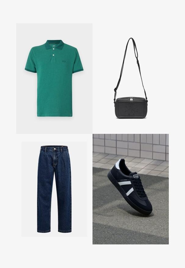 Grønn polo-skjorte laget av teksturert materiale, med krage og knapper, korte ermer, og en liten logo på brystet.; Mørkeblå denimjeans med rett ben-design. Har synlige sømmer, knappestengning og frontfolder for ekstra detaljer.; Sorte lærersneaker med hvite striper, teksturert gummihæl og snøring foran. Har et merketikett på tungen.; Svart skinn crossover-veske med glidelås, preget logo på fronten og justerbar stropp. Glatt tekstur med rektangulær form.