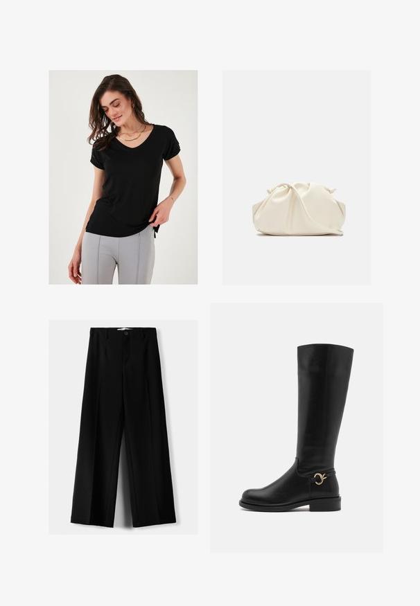 Črna kratka majica s kratkimi rokavi in V-izrezom, izdelana iz mehkega materiala, z zvitimi rokavi in stranskimi razporki za sproščen fit.; Črne široke hlače iz lahkega materiala, z zapiranjem na gumb spredaj in ravnim sprednjim delom, s skrbno zašiti robovi.; Anna Field Wide Fit Škornji - black; Krema barve, mehka torba iz umetnega usnja z nabranim dizajnom, nastavljivim ročajem in diskretnim zapiranjem na vrvico. Gladka tekstura in zaobljena oblika.; Srebrne uhane v obliki kapljice z zaobljenimi, odsevnimi površinami; minimalistična zasnova z gladko teksturo in subtilno blagovno znamko.