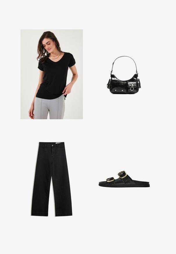 Sort kortærmet V-hals t-shirt lavet af blødt stof, med rullede ærmer og sideslids for en afslappet pasform.; Sorte wide-leg denim bukser med høj talje, der har front- og baglommer, syede sømme og en knaplukning. Glat tekstur.; Sort skridsandal med to guldspænder, glat tekstureret materiale, flad sål og et minimalistisk design.; Sort patenteret læder håndtaske med en buet form, en skulderrem, frontlommer og hardware accenter i sølvfarve.