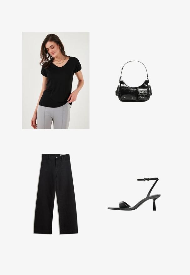 Černé tričko s krátkým rukávem a výstřihem do V vyrobené z měkkého materiálu, s ohrnutými rukávy a bočními rozparky pro pohodlné nošení.; Černé denimové kalhoty s volným střihem a vysokým pasem, vybavené předními a zadními kapsami, prošívanými švy a knoflíkovým zapínáním. Hladká textura.; Bershka Sandály na vysokém podpatku - black; Černá lakovaná kožená kabelka s křivkovým tvarem, jedním ramenním popruhem, předními kapsami a stříbrnými kovovými detaily.