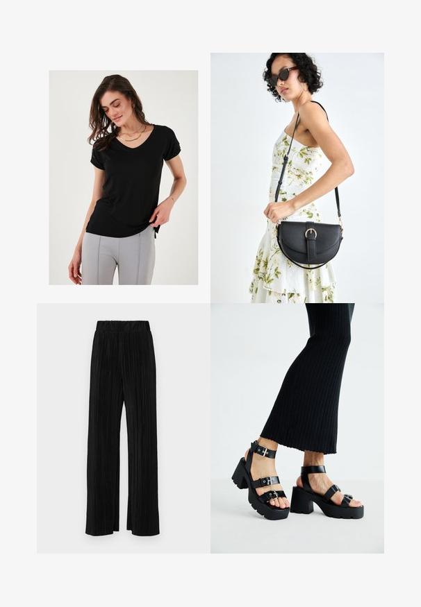 Zwarte kortge mouw V-hals t-shirt van zachte stof, met opgerolde mouwen en zijsplitten voor een ontspannen pasvorm.; Zwarte geplooide broek met een elastische tailleband. Beschikt over wijde pijpen en een glad, gestructureerd stof met verticale strepen.; Zwarte platform sandalen met dikke, grofgevormde zolen en meerdere bandjes, voorzien van metalen gespen en een gladde leerachtige textuur.; Zwarte leren handtas met een gebogen vorm, afneembare schouderband en gouden hardware. De tas heeft een klep met een gespsluiting.