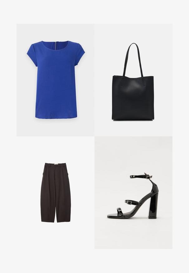 Blauwe korte mouwen top gemaakt van een gladde stof. Heeft een ronde halslijn en een verborgen rits aan de achterkant. Rechte zoom.; Zwarte wijde broek gemaakt van een gladde stof, met een hoge taille, voorplooien en zijzakken. Eenvoudig ontwerp zonder versieringen.; Zwarte gepatenteerde sandalen met hak en een vierkante neus, enkelbandjes en zilveren gespen. Heeft een stevige blokhak voor stabiliteit.; Zwarte leren handtas met een gladde textuur, rechthoekige vorm en twee lange handvaten. Geen zichtbare hardware of versieringen.
