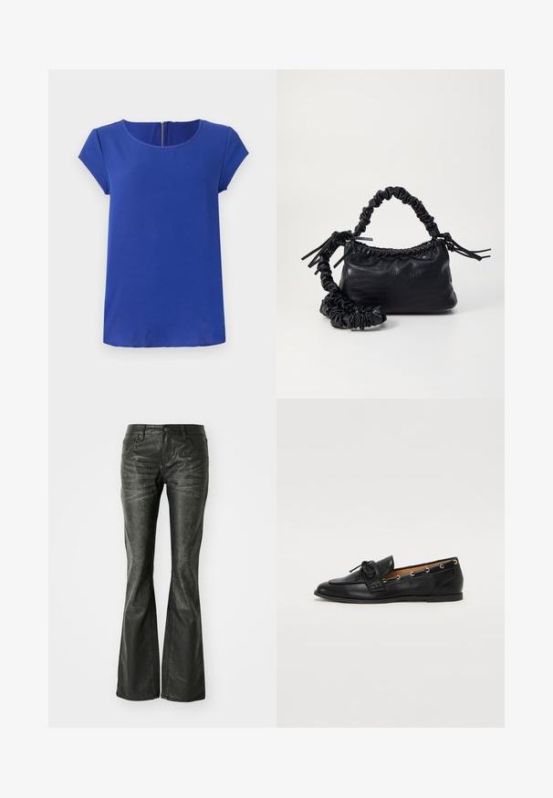 Blue short-sleeve top made from smooth fabric. Features a round neckline and a concealed zipper at the back. Straight hemline.; Black faux leather flared jeans with front pockets, a metal button closure, and a slightly textured surface. Straight leg with a long cut.; Black leather loafers with a tied bow, featuring gold eyelet accents along the sides and a flat rubber sole. Smooth texture, classic design.; Black faux leather handbag with a crocodile texture, cinched top, and a scrunched strap. Appears soft and compact in design.