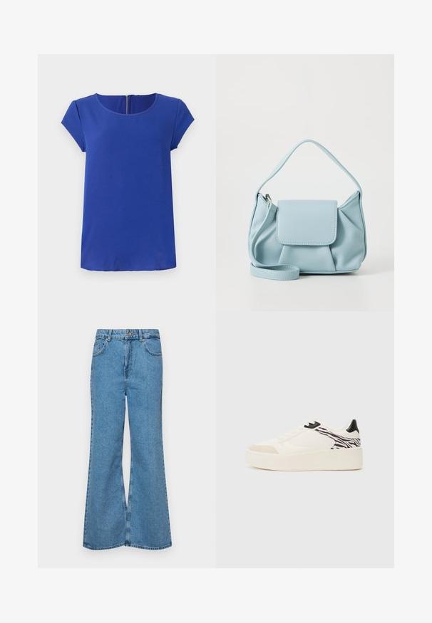 Blue short-sleeve top made from smooth fabric. Features a round neckline and a concealed zipper at the back. Straight hemline.; Light blue flared jeans made of denim, featuring a high waist, five pockets, and a single button closure. Soft texture with faded finish.; Even&Odd Trainers - white/black; Light blue leather handbag with a top handle, front flap pocket, and detachable wrist strap on a white background.