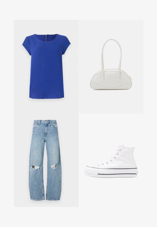 Sininen lyhythihainen paita, joka on valmistettu sileästä kankaasta. Siinä on pyöreä pääntie ja piilotettu vetoketju takana. Suora helma.; Vaaleansiniset, korkeavyötäröiset farkut, jotka on valmistettu denimmateriaalista. Ominaisuuksiin kuuluvat leveät lahkeet, kaksi revittyä polvialuetta ja klassinen viiden taskun tyyli.; Valkoiset korkeavartiset kangaskengät mustalla kumipohjalla, edessä kuminen varvasosa ja kuusi nauha-aukkoa, puhtaan minimalistisella muotoilulla.; Even&Odd Käsilaukku - off-white