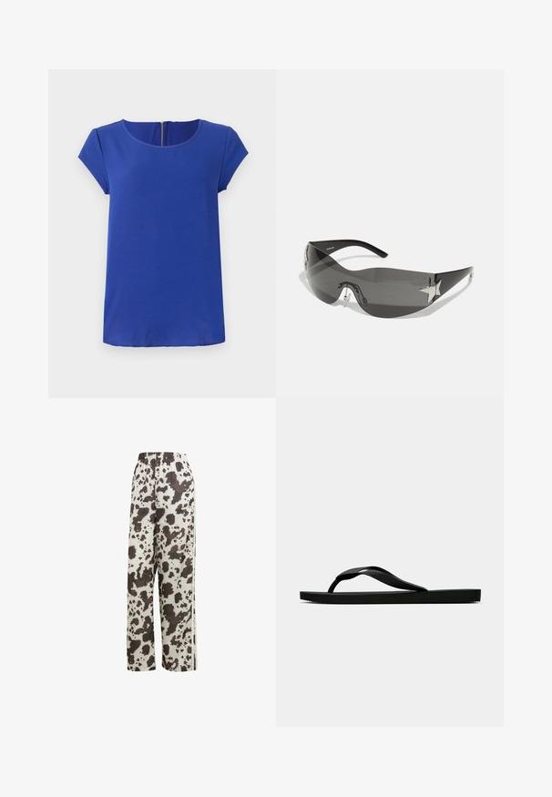 Blaues Kurzarmtop aus glattem Stoff. Mit Rundhalskragen und einem verdeckten Reißverschluss im Rücken. Gerade Saumlinie.; adidas Originals COW PRINT SATIN WIDE LEG - Jogginghose - multicolor off white; Schwarze Gummi-Flip-Flop-Sandale mit einem strukturierten Riemen und einfacher flacher Sohle, von der Seite auf einem schlichten hellen Hintergrund dargestellt.; Schwarze Sonnenbrille mit wrap-around Design, dunkel getönten Gläsern, glänzenden, sternförmigen Akzenten und verstellbaren Nasenpads.