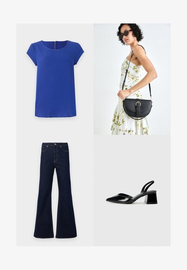 Top scurt de culoare albastră cu mânecă scurtă, fabricat dintr-un material neted. Prezintă o decolteu rotund și un fermoar ascuns la spate. Poate avea un tiv drept.; Blugi din denim flared de culoare albastru închis, cu talie înaltă, buzunare frontale și detalii din fire aurii. Textură netedă cu un croi tradițional.; Pantofi cu toc slingback din piele lacuită neagră, cu vârf ascuțit și toc geometric. Prezintă un design elegant, minimalist și o textură netedă.; Geantă din piele neagră, cu o formă curbată, curea detașabilă și accesorii aurii. Geanta are un capac cu un detaliu tip cataramă.