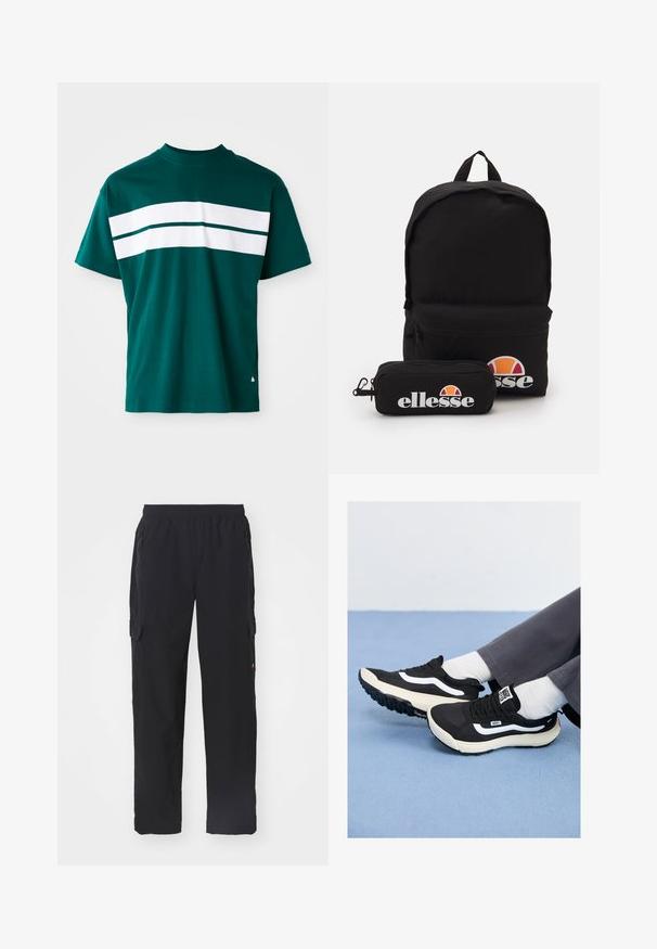T-shirt de algodão em azul-petróleo com decote redondo, mangas curtas e riscas brancas horizontais no peito. Corte ligeiramente solto.; Calças cargo pretas feitas de tecido suave com cintura elástica. Apresentam bolsos laterais e bolsos cargo nas coxas para armazenamento.; Sapatilhas pretas com detalhes brancos, materiais em malha e borracha, apresentando uma sola texturizada e aba no calcanhar. Usadas com meias brancas e calças cinzentas.; Mochila preta em nylon com uma textura suave, apresentando um bolso frontal com fecho e um pequeno estojo de lápis destacável, ambos com a marca "ellesse."
