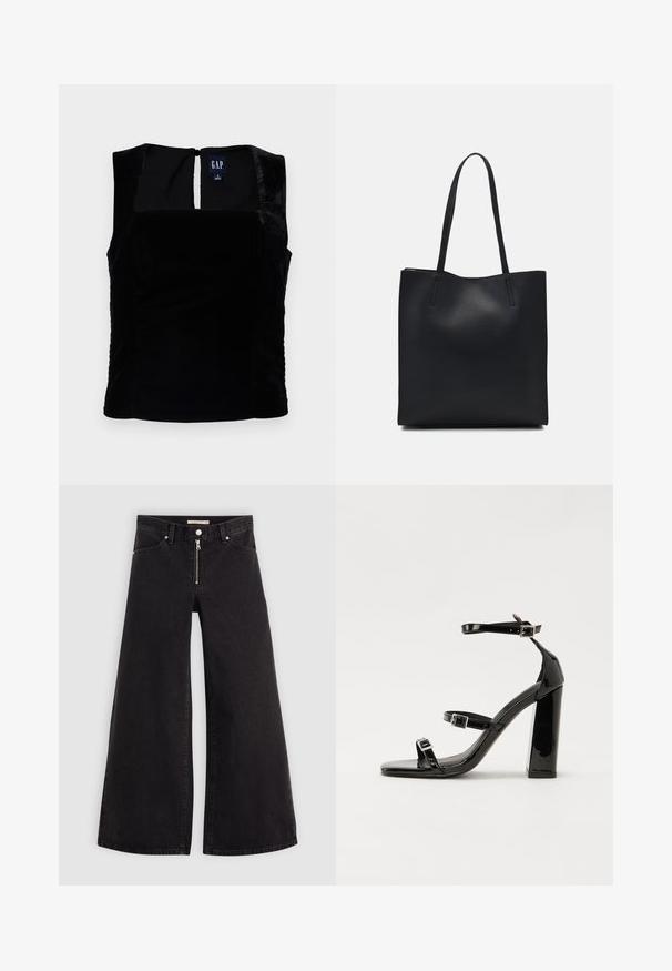 Czarny welwetowy top bez rękawów z kwadratowym dekoltem i zapięciem na guziki z tyłu. Gładka faktura bez widocznych wzorów czy akcentów.; Jeans o szerokich nogawkach w czarnym denienie z zamkiem błyskawicznym z przodu, pięcioma kieszeniami i subtelnymi detalami przeszycia. Gładka tekstura i swobodny styl.; Czarne lakierowane sandały na obcasie z kwadratowym noskiem, z paskami wokół kostki i srebrnymi klamrami. Posiadają masywny słupek dla stabilności.; Czarna skórzana torba tote o gładkiej fakturze, prostokątnym kształcie i dwóch długich uchwytach. Brak widocznych elementów metalowych i ozdób.