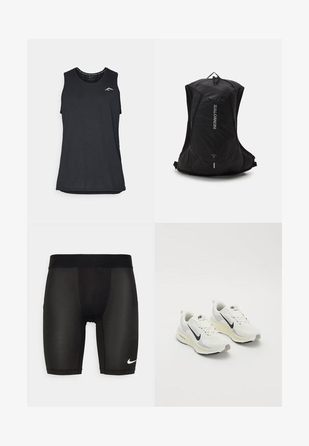 Black sleeveless athletic tank top with a rounded neckline, made from lightweight material, featuring a small white logo in the upper left corner.; Black athletic shorts made from smooth, stretchy fabric. Features a wide waistband with embossed branding and a small white logo on the leg.; Running shoes made of white breathable mesh with light gray accents. Features a black swoosh logo and a light gray rubber outsole.; Salomon CROSS 8 - Rucksack - black