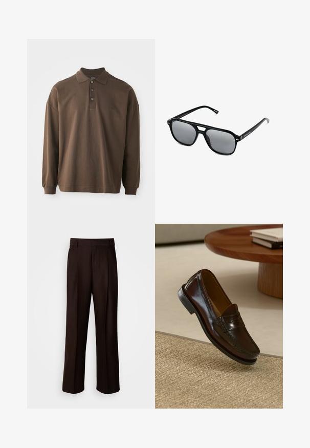 Brun langærmet polo shirt med krave, tre knapper og ribbede manchetter. Fremstillet af blødt bomuldsstof med en afslappet pasform.; Brune skræddersyede bukser med lige ben, featuring en frontfold, glat texture og klassisk talje. Egnet til formelt brug.; Brune læder loafers med en blank overflade, der har en syet detalje over fronten og en lavprofil sort gummisål.; Sorte solbriller med rektangulære rammer, gråt tonede linser og en broudskæring design. Slankt, glat plastmateriale med smalle stænger.