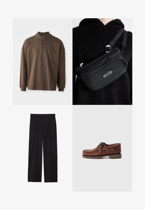 Polo a maniche lunghe marrone con colletto, tre bottoni e polsini a costine. Realizzato in morbido cotone con una vestibilità comoda.; Pantaloni neri a gamba larga con frontale plissettato, tasche laterali e una texture di tessuto liscia. Progettati per un fit comodo.; Scarpa da barca in pelle marrone con tomaia testurizzata, chiusura con lacci neri e occhielli dorati. Presenta una suola in gomma rigata e resistente.; Borsa a tracolla nera in nylon con tracolla regolabile, caratterizzata da una texture liscia, una tasca con zip frontale e un accento con logo.