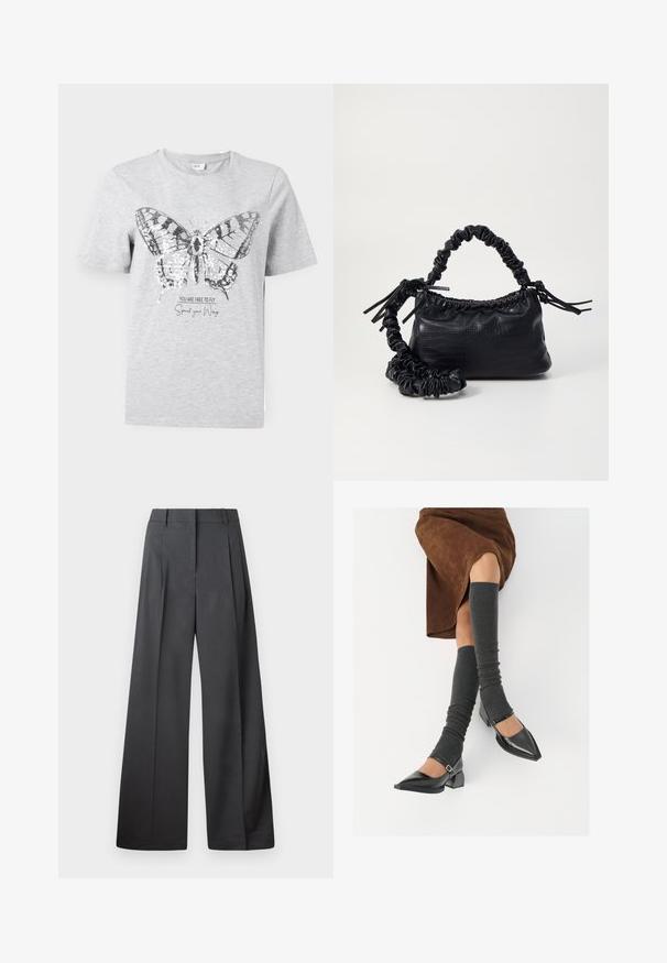Szürke pamut póló pillangó grafikával, melyen flitterek vannak. Az alatta lévő szöveg: "SZABADON REPÜLHETSZ Szárnyakat bontogass."; Széles szárú nadrág sötétszürke anyagból, magas derekú, egyes redőkkel, sima textúrával és tiszta befejezéssel a szegélyeken.; Fekete lakk bőrből készült, hegyes orrú cipők, tömbsarkúakkal és bokapánttal, szürke bordás lábszármelegítőkkel és barna velúr szoknyával párosítva.; Fekete műbőr kézi táska krokodil bőr textúrával, összehúzható tetejű és gyűrt pánttal. Lágy és kompakt dizájnúnak tűnik.