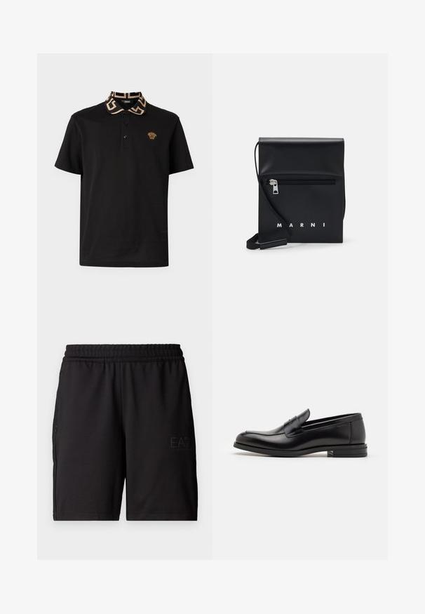 Melna polo krekls ar rakstainu bēša krāsas apkakli, uz krūtīm ar zelta lauva emblēmu un trīs pogu slēgšanu.; Melni sporta šorti, izgatavoti no viegla auduma, ar elastīgu jostasvietu un sieta sānu paneļiem. Zīmola logo drukāts priekšpusē.; Melnas ādas kurpes ar gludu tekstūru, noapaļu purngalu un dekoratīvu siksniņu pāri priekšpusei. Zems sakrauts papēdis, minimālisma dizains.; Melnas ādas plecu soma ar rāvējslēdzēja priekšējo kabatu, iepresēto logotipu un regulējamu siksnu. Raita tekstūra ar strukturētu formu.