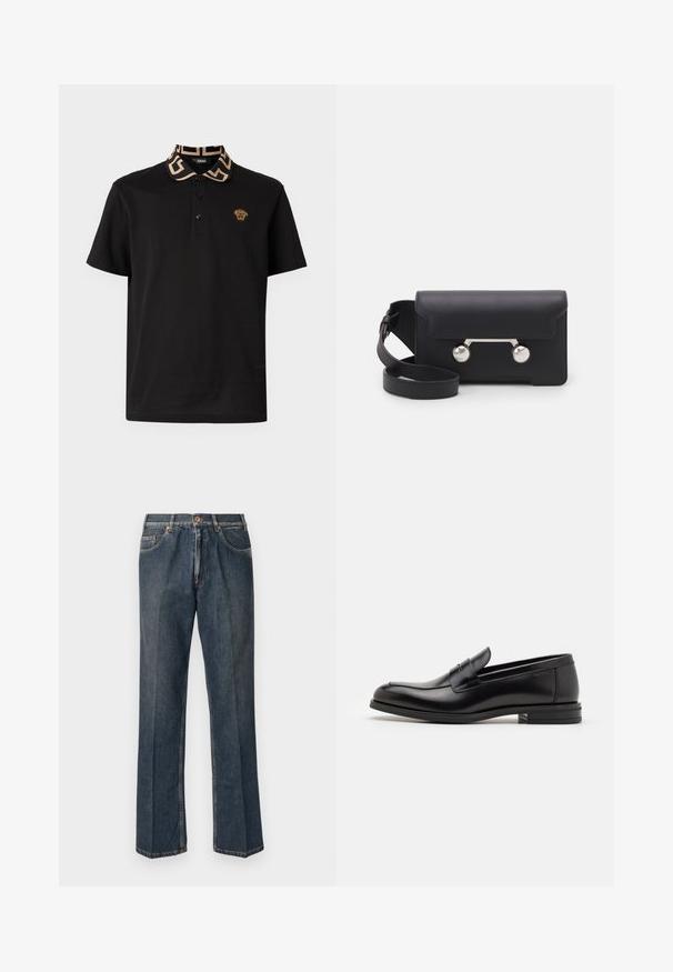 Pólo preto com colarinho bege estampado, apresentando um emblema de leão dourado no peito e uma lista de três botões.; Jeans de ganga de perna reta azul escuro com botão à frente, fecho de correr, dois bolsos frontais e vinco vertical visível ao longo das pernas.; Mocassins de couro preto com uma textura suave, bico arredondado e uma faixa decorativa sobre o peito do pé. Salto baixo e empilhado, design minimalista.; Saco transversal em pele preta com fecho de aba, ferragens em tom prateado e dois acentos redondos. Apresenta uma alça destacável. Textura suave.