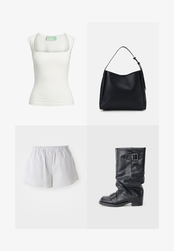 Valge sobiv tank top ruudukujulise kaelusega ja lühikeste varrukatega, valmistatud venivast materjalist. Silt näitab brändi nime "JJXX" rohelises värvuses.; Ribadehosed helesinine ja valge puuvillane, millel on elastne vöökoht ja mugav lõige, külgede avadega liikumise hõlbustamiseks.; Must mustad musta nahast, volditud varrega, kaks hõbedast konksu. Ümar varvas ja madal, tasane talla disain. Sile tekstuur, minimaalne kaunistus.; Must musta hobo kott, millel on üks õlavarre rihm, sile tekstuur, kitsenev ülaosa ja minimalistik disain ilma nähtava riistvaraeta.; Pilgrim UNFOLD - Kaelakee - silver-coloured