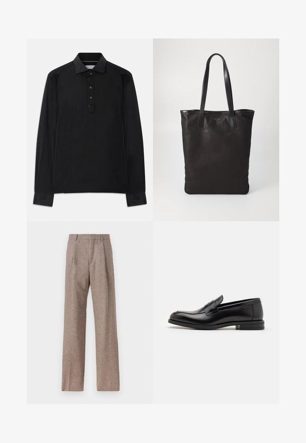 Camisa polo de manga longa preta com pala de três botões, colarinho pontiagudo e discreto logótipo "MK" no peito.; Calças castanhas de cintura alta feitas de tecido texturado. Apresentam pernas largas e duas pregas frontais para estrutura. Acabamento cuidadoso sem hardware visível.; Mocassins de couro preto com uma textura suave, bico arredondado e uma faixa decorativa sobre o peito do pé. Salto baixo e empilhado, design minimalista.; Saco de lona preto com alças de couro pretas. Design simples, corpo espaçoso e textura suave. Sem logótipos ou padrões visíveis.