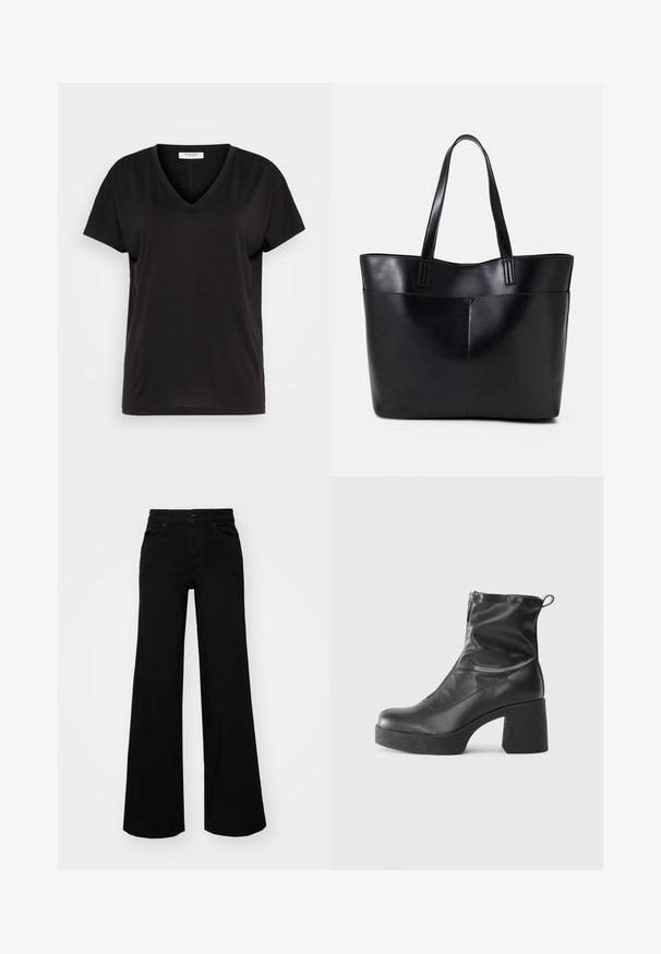 Čierne tričko s výstrihom do V vyrobené z mäkkého, priedušného materiálu. Má krátke rukávy a voľný strih, bez viditeľných vzorov alebo akcentov.; Čierne široké nohavice z denimu s pevným pásom, pútkami na opasok a prednými vreckami. Hladká štruktúra s klasickým dizajnom.; Čierne členkové topánky z hladkej kože, so bočným zipsom, robustnou textúrovanou pätnou časťou a zaobleným dizajnom špičky.; Čierna kožená tote taška s dvoma dlhými rúčkami, hladkým povrchom a štruktúrovaným tvarom. Obsahuje prednú kapsu pre dodatočné uskladnenie.