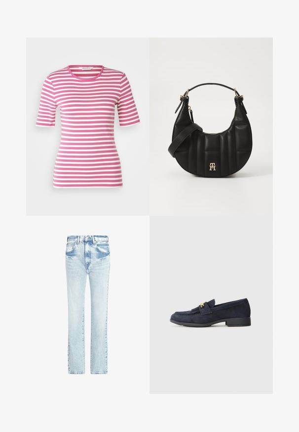 GANT SLIM STRIPED - Printtipaita - dark lavender; Vaaleansinisiä farkkuhousuja, joissa on suora lahjetyyli, viisi taskua ja haalistunut pinta. Ominaisuuksiin kuuluvat näkyvät ompeleet ja klassinen nappisulku.; Laivastonsiniset nubuk loaferit matalalla mustalla korolla, joissa on koristeellinen kulta lameetuksen yksityiskohta edessä ja pyöristetty kärkimuoto.; Musta nahkalaukku, jossa on kaareva muoto, tikattu pinta ja kultaiset yksityiskohdat. Varustettu irrotettavalla olkahihnalla ja logopotkalla.