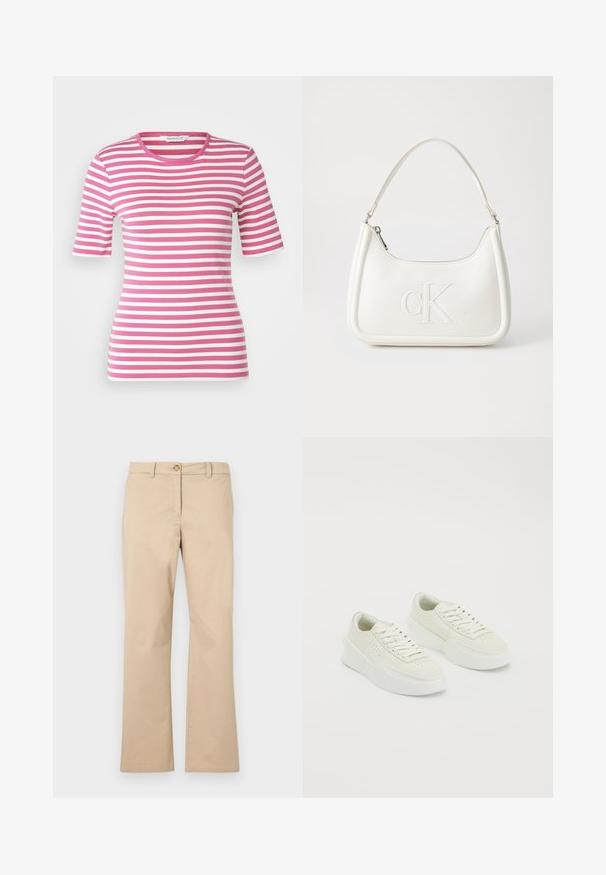 GANT SLIM STRIPED - Print T-shirt - dark lavender; Beige cotton trousers with a straight-leg design, featuring a button closure and belt loops, smooth texture, and no visible patterns or accents.; White low-top sneakers with thick soles and laces, featuring perforated detailing on the sides and toe area, displayed on a white background.; White leather handbag with a curved shape, featuring an embossed "CK" logo on the front and a single shoulder strap. Zipper closure at top.