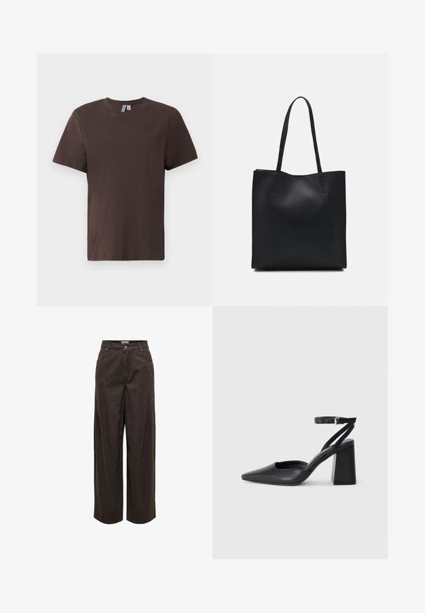 Brun bomull t-skjorte med rund hals, korte ermer og en avslappet passform. Glatt tekstur uten synlige mønstre eller utsmykninger.; Videbukser i mørkebrun, lavet af bomuld, med en klassisk talje, lynlås, fem lommer og minimalistiske syninger.; Svart lær pumps med spiss tå, ankelrem og kraftig hæl. Flat tekstur, strømlinjeformet design og minimalisme.; Svart lær tote bag med glatt tekstur, rektangulær form og to lange håndtak. Ingen synlige deler eller dekorasjoner.