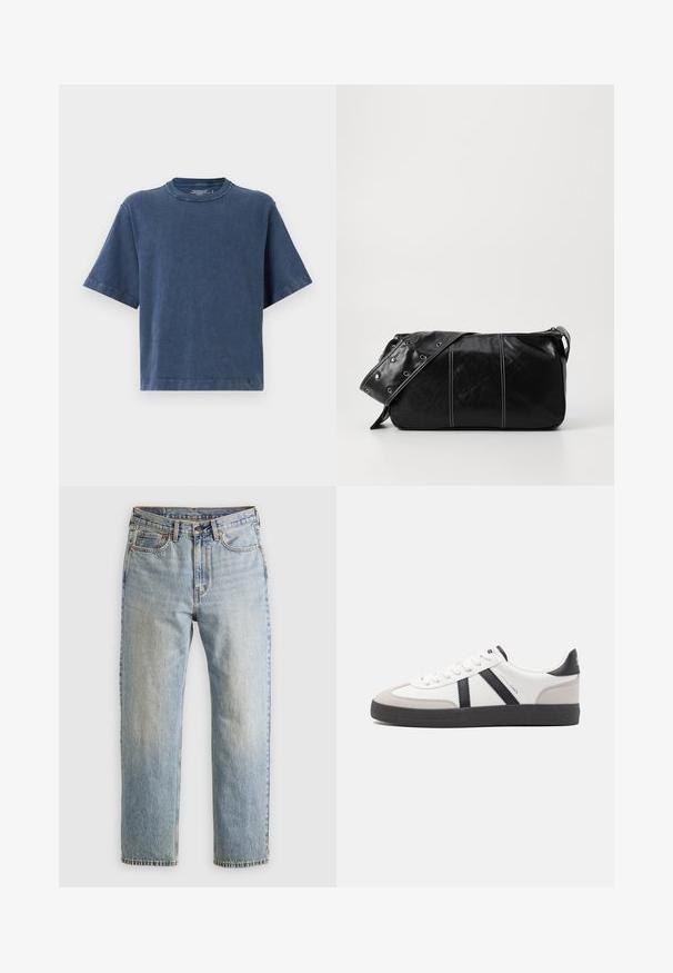 Puuvillainen t-paita tummansinisenä, jossa on pyöreä kaula-aukko, lyhyet hihat ja rento istuvuus. Pehmeä pinta ja siisti ompelu.; Vaaleansininen farkut, joissa on korkea vyötärö, etunappi, vetoketju ja viisi taskua, asetettu tasaisesti neutraalille taustalle.; Valkoiset lenkkarit mustilla ja harmailla yksityiskohdilla, joissa on teksturoitu harmaa kärki, musta kumipohja ja litteät valkoiset nauhat. Siisti muotoilu, minimalistinen tyyli.; Mustakulmainen nahkainen olkalaukku, jossa on vetoketjukiinnitys, teksturoitu pinta, valkoiset ompeleet ja hihna, jossa on hopeiset niitit.