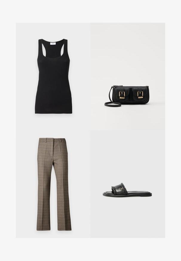 Svart ribbet tanktopp med firkantet halslinje, brede skulderstropper og en tettsittende design. Materialet har en glatt tekstur.; Brune rutete bukser med rett benkutt, med teksturert stoff og subtile farger av beige og mørkere brunt gjennom mønsteret.; Sorte lærsandaler med en vævet stropdetalje, flad sål og et slankt design. Glat tekstur og minimalistisk profil.; Svart skinn crossbody veske med to frontlommer, gyldne spenner, glidelåslukking og en slank stropp. Teksturert overflate og kompakt rektangulær form.