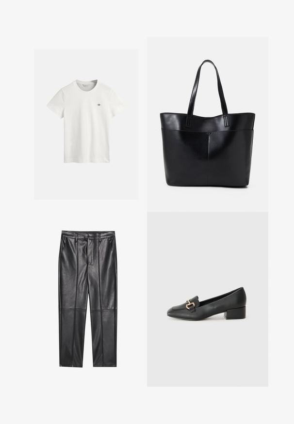 White cotton t-shirt with a crew neck, short sleeves, and a small purple logo on the left chest. Smooth texture, standard fit.; Black leather trousers with a smooth texture, featuring a straight fit, two front pockets, and visible seam detailing.; Black leather loafers with a flat heel, featuring a decorative gold hardware detail on the front and a smooth texture.; Black leather tote bag with two long handles, a smooth texture, and a structured shape. Features a front pocket for additional storage.