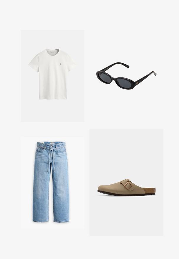 T-shirt bianco in cotone con colletto rotondo, maniche corte e un piccolo logo viola sul lato sinistro del petto. Tessuto morbido, vestibilità standard.; Jeans in denim azzurro chiaro a gamba larga con vita alta, chiusura con bottone e zip, e dettaglio con cordoncino in vita. Orlo grezzo.; Zoccoli beige con punta arrotondata, accentati da una fibbia regolabile e con tappetino in sughero. Superficie texturizzata con suola in gomma nera per una migliore aderenza.; Occhiali da sole neri oversize con lenti ovali, montatura in plastica liscia e accenti dorati sulle tempie. Le lenti scure offrono protezione dal sole.