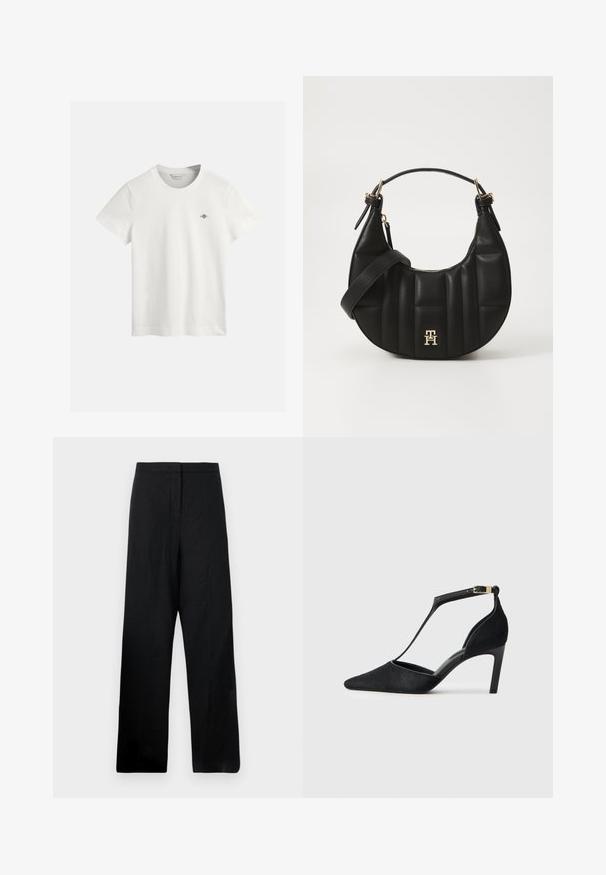 Valge puuvillane T-särk ümmarguse kaelusega, lühikeste varrukatega ja väike lilla logo vasakul rindkere kohal. Sile tekstuur, standardne sobivus.; Mustad laiad püksid, mis on valmistatud kergest kangast. Omavad sujuvat tekstuuri, kõrget vööd ja minimaalset õmbluste detaili.; Musthave musta kõrge kontsaga king, millel on terav varvas, õhuke pahkluu rihm kuldse riistvaraga ning pehme tekstuur.; Must või empaankäe disainiga must nahkrahakott, millel on tepitud tekstuur ja kullatud detailid. Omab eemaldatavat õlapaela ja logo detaili.
