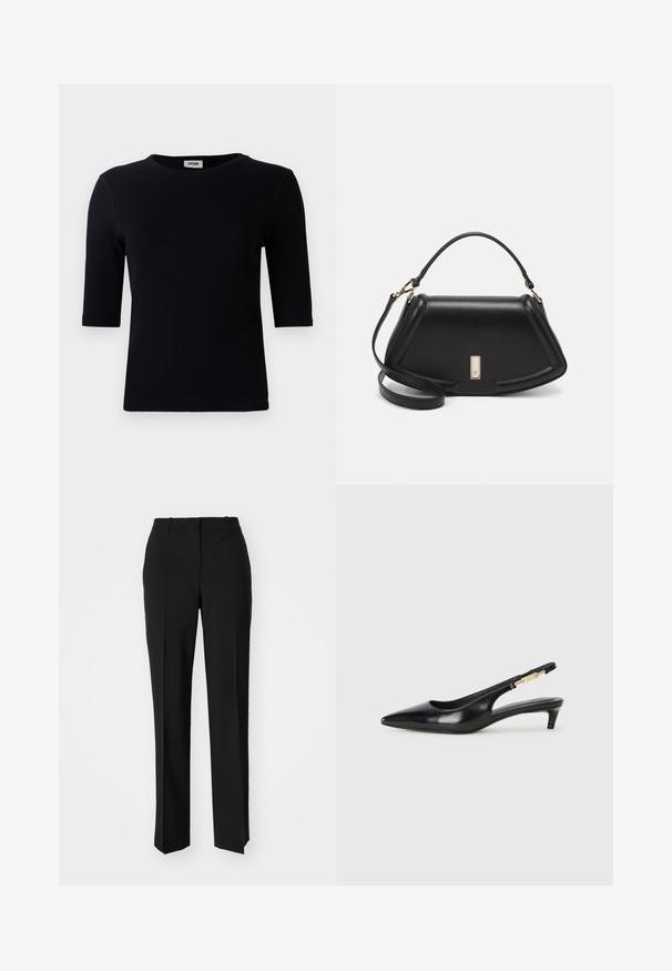 Tricou negru cu model texturat, cu decolteu rotund și mâneci până la șol. Materialul are o textură netedă și o margine dreaptă. Fără logo vizibil.; Pantaloni negri tailor-ed cu un design drept, având o textură fină și cute clare pe față. Fără elemente de prindere vizibile.; Sandale slingback din piele neagră cu vârf ascuțit, având un toc subțire și un accent de culoare aurie pe curea ajustabilă. Textură netedă.; Geantă de umăr din piele neagră, cu un design structurat, având o formă tăiată, mânere superioare și accente din aur. Include o curea de umăr ajustabilă.