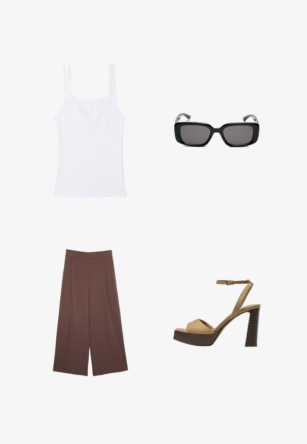 Weißes geripptes Tanktop mit quadratischem Ausschnitt und dünnen Trägern. Der Stoff ist glatt mit einem leichten Stretch und hat keine sichtbaren Muster.; Braune Weite-Leg-Hosen mit einer glatten Textur, hoher Taille und Vorderfalten. Der Stoff ist leicht und fällt locker.; Beige Wildleder-Pumps mit hohem Absatz, breitem Vorderband und Knöchelriemen, ausgestattet mit einem klobigen Holzblockabsatz mit strukturiertem Finish.; Schwarze rechteckige Sonnenbrille mit dunklen Gläsern, glattem Kunststoffrahmen und gebogenen Bügeln. Das Design ist klobig mit einer minimalistischen Ästhetik.