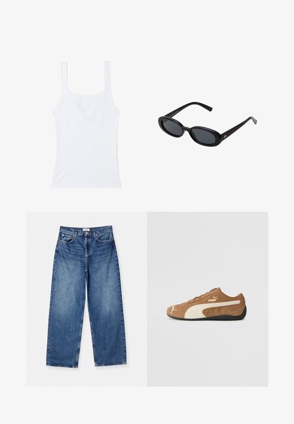 White ribbed tank top with a square neckline and thin shoulder straps. The fabric is smooth with a slight stretch and no visible patterns.; Light blue wide-leg jeans made of denim, featuring a classic five-pocket design, visible stitching, and a mid-rise waistband.; Brown suede low-top sneaker with cream accents, textured surface, black rubber sole, and embroidered logo on the side and tongue.; Black oversized sunglasses with oval lenses, smooth plastic frame, and gold accents on temple. Dark lenses provide sun protection.; Woven, cream-colored bag set featuring a larger handbag with a rounded handle and a smaller pouch with a strap, both with uniform texture.