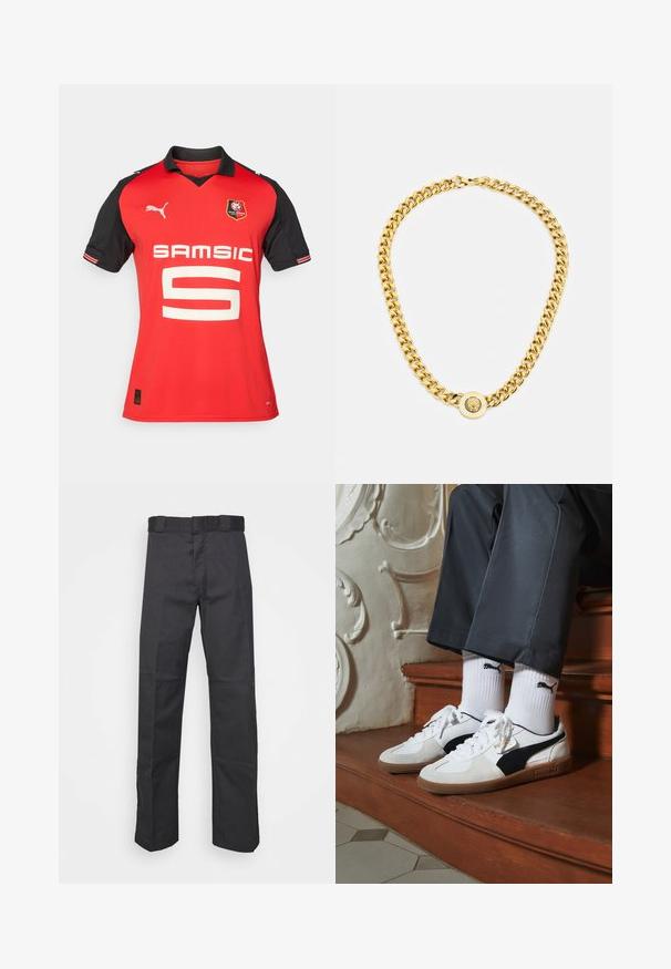 Camisola desportiva vermelha com mangas pretas, apresentando um grande número 5 branco, o logótipo "SAMSIC" e o emblema do Stade Rennais.; Calças pretas feitas de um tecido resistente, com um design de perna reta, uma cintura com passantes para cinto e costuras para adicionar textura.; Ténis Puma em camurça branca e preta, com uma sola de borracha castanha. Combinados com meias brancas exibindo um logótipo preto, usados com calças escuras.; Colar de corrente de ouro com grandes elos interligados, apresentando um detalhe em forma de pêndulo circular no centro com um emblema saliente.