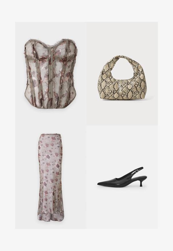 Floral-patterned sheer corset in muted olive, featuring structured panels and raw edges, with a sweetheart neckline and intricate stitching.; Floral maxi skirt made of sheer, lightweight fabric. Features a gray base with pink and purple patterns and a flared hemline.; Black leather slingback shoe with a pointed toe and a slim, curved heel. Features a discrete adjustable strap with a metal buckle.; Snake-print handbag with a curved handle. Made from textured, beige and brown materials, featuring a distinctive diamond pattern.