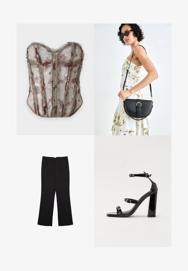 Durchscheinendes Korsett mit floralem Muster in gedämpftem Oliv, das strukturierte Paneele und rohe Kanten aufweist, mit einem Herzausschnitt und komplizierten Nähten.; Schwarze Hose mit geradem Schnitt, ausgestattet mit Fronttaschen und Seitenschlitzen am Saum. Hergestellt aus weichem, glattem Stoff. Geeignet für verschiedene Anlässe.; Schwarze patentierte Sandalen mit Absatz, quadratischer Spitze, Knöchelriemen und silbernen Schnallen. Mit einem stabilen Blockabsatz für mehr Stabilität.; Schwarze Lederhandtasche mit geschwungener Form, abnehmbarem Tragegurt und goldenen Beschlägen. Die Tasche verfügt über einen Deckel mit einer Schnallen-Details.