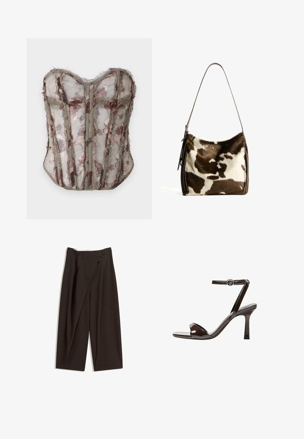 Durchscheinendes Korsett mit floralem Muster in gedämpftem Oliv, das strukturierte Paneele und rohe Kanten aufweist, mit einem Herzausschnitt und komplizierten Nähten.; Dunkelbraune, weite Hosen mit hohem Bund, die über einen einzigen Knopfverschluss und eine gefaltete Vorderseite verfügen. Hergestellt aus leichtem Stoff.; Braune Lackleder-High-Heelsandale mit einem Knöchelriemen, offener Zehenpartie und einem schlanken, minimalistischen Design. Verfügt über einen quadratischen Absatz.; Braune und cremefarbene Kuhhaut-Umhängetasche mit einem glatten Ledertrageriemen, Reißverschluss und einer weichen, strukturierten Oberfläche mit einem natürlichen Muster.