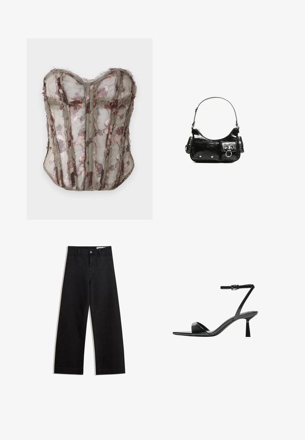 Himmelehtein korsetti kukkakuviolla, hillityssä oliivinvihreässä, jossa on rakenteellisia paneeleja ja raakoja reunoja, sydämen muotoinen kaula-aukko ja monimutkainen ompelu.; Mustat leveät farkut korkealla vyötäröllä, joissa on etu- ja takataskut, ommellut saumat ja nappisuljenta. Silkinoinen rakenne.; Bershka Korolliset sandaalit - black; Mustekko mustasta kiiltonahasta valmistettu käsilaukku, jossa on kaareva muoto, yksi olkahihna, etutaskut ja hopeanväriset yksityiskohdat.