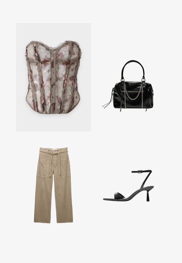 Blommönstrad genomskinlig korsett i dämpad olivgrön, med strukturerade paneler och råa kanter, en hjärtformad halsringning och intrikata sömmar.; Beige vida byxor gjorda av hållbart tyg, med stora framfickor, ett flätat bälte och subtila sömdetaljer.; Bershka Sandaletter - black; Bershka WITH CHAIN - Handväska - black