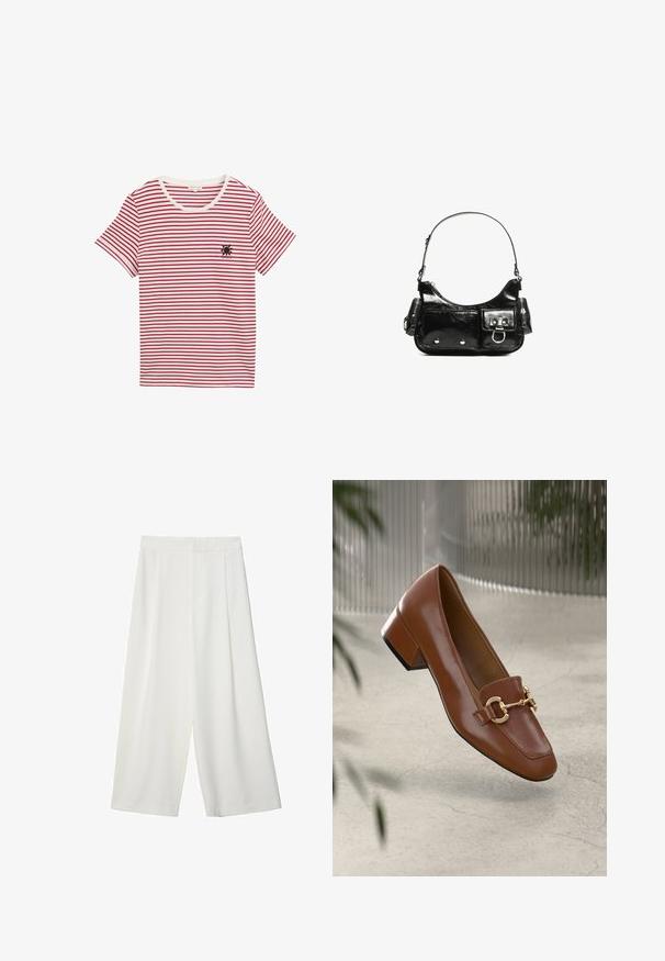 Rot-weißer gestreifter T-Shirt aus weicher Baumwolle. Mit Rundhalsausschnitt und kurzen Ärmeln, sowie einem kleinen schwarzen Sonnenmotiv auf der Brust.; Weiße, weite, knöchellange Hosen mit glatter Textur, flachem Vorderteil und ohne sichtbare Verschlüsse oder Taschen.; Braune Lackleder-Loafer mit quadratischer Zehenpartie, metallischem Kettenakzent und niedrigem Blockabsatz; glatte Textur, minimalistisches Design.; Schwarze Lackleder-Handtasche mit geschwungenem Design, einem Schulterriemen, Vordertaschen und silberfarbenen Hardware-Akzenten.