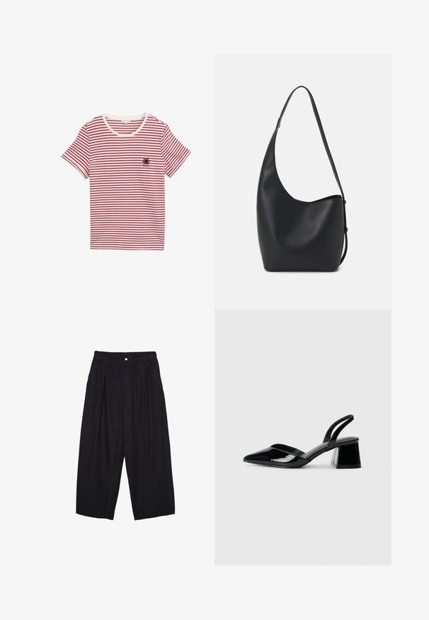 Crvena i bijela prugasta majica od mekanog pamuka. Ima okrugli izrez i kratke rukave, a na prsima se nalazi mali crni dizajn sunca.; Crne poliester hlače culotte s elastičnim pojasom, dva prednja nabora i širokim krojem. Nema vidljivih uzoraka ili metalnih detalja.; Crne lakirane kožne sandale s otvorenom petom i špicastim vrhom, s geometrijskom blok petom. Imaju elegantan, minimalistički dizajn i glatku teksturu.; Crna kožna hobo torba s glatkom teksturom, zakrivljenim oblikom i jednom podesivom trakicom; ima širok otvor na vrhu.