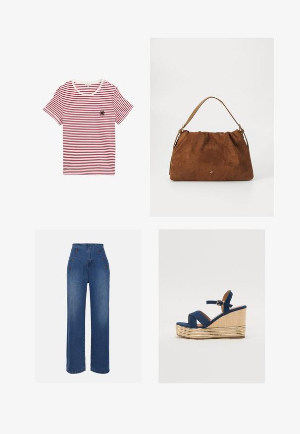 Červeno-bílý pruhovaný tričko z jemné bavlny. Má kulatý výstřih a krátké rukávy, s malým černým designem slunce na hrudi.; Džínové kalhoty s vysokým pasem v středně modré barvě. Obsahují dekorativní přední knoflíky a široké nohavice. Materiál má hladkou texturu s mírným vyblednutím.; Námořnické modré sandály na vyšším podpatku s kříženými pásky, texturovanou platformou z přírodních vláken a zlatým metalickým akcentem na spodní části.; Hnědá semišová kabelka se skládáním, s jedním světlým koženým popruhem a decentním zlatým logem na přední straně.