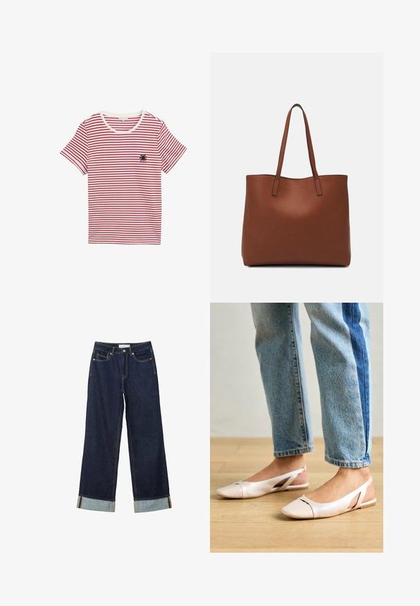 Rot-weißer gestreifter T-Shirt aus weicher Baumwolle. Mit Rundhalsausschnitt und kurzen Ärmeln, sowie einem kleinen schwarzen Sonnenmotiv auf der Brust.; Dunkelblaue, weit geschnittene Jeans mit hoher Taille, ausgestattet mit aufgerollten Säumen, Kontrastnähten und einem Fünf-Taschen-Design. Hergestellt aus Denim-Stoff.; Blassrosa Slingback-Ballerinas mit spitzem Punkt, aus einem glatten, lederähnlichen Material. Mit Ausschnitten an den Seiten und einem flachen Absatz.; Braune Leder-Tote mit glatter Textur, offenem Oberteil und zwei Schulterriemen. Verfügt über minimale Nähte und keine sichtbaren Beschläge.
